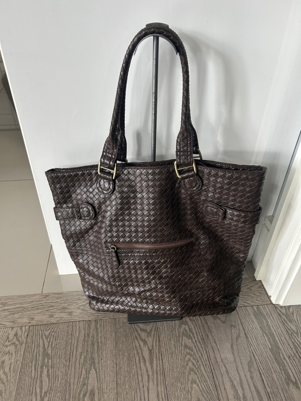 Braided Leather Tote Bag in Dark Brown